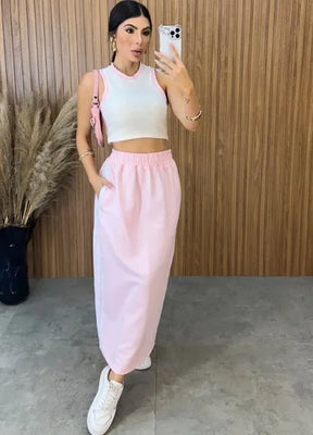 Cropped Canelado Bicolor Luiza - Off/Rosa