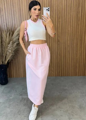 Cropped Canelado Bicolor Luiza - Off/Rosa