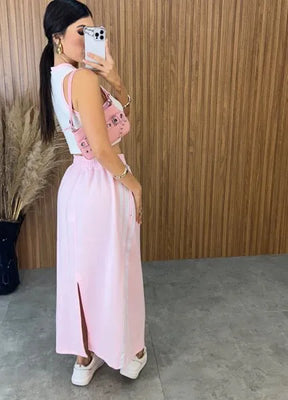 Cropped Canelado Bicolor Luiza - Off/Rosa